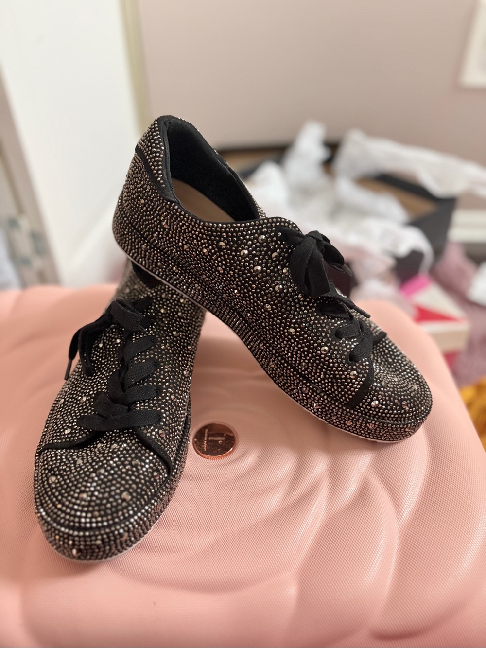INC International Concepts Black Crystal-Studded Lace-Up Sneakers View 2